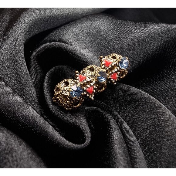 Vintage 1950s Gold-Tone Brooch With Blue & Red Glass Stones Intricate Filigree - Picture 2 of 6